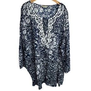 Beach House Woman‎ 3X cotton blue & white floral beading cover up pockets